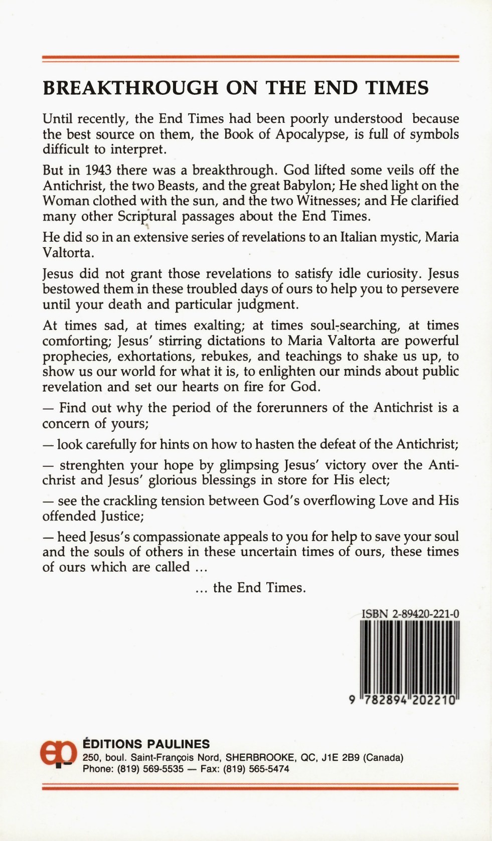 The End Times As Revealed to Maria Valtorta Back Cover